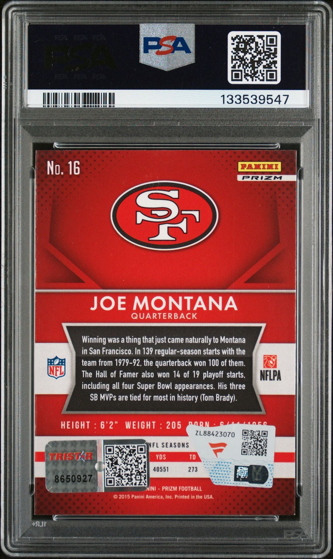 Joe Montana 2015 Panini Prizm Red Prizm Signed Football Card #16 Graded PSA 8 Auto 10 Cert #133539547-Powers Sports Memorabilia