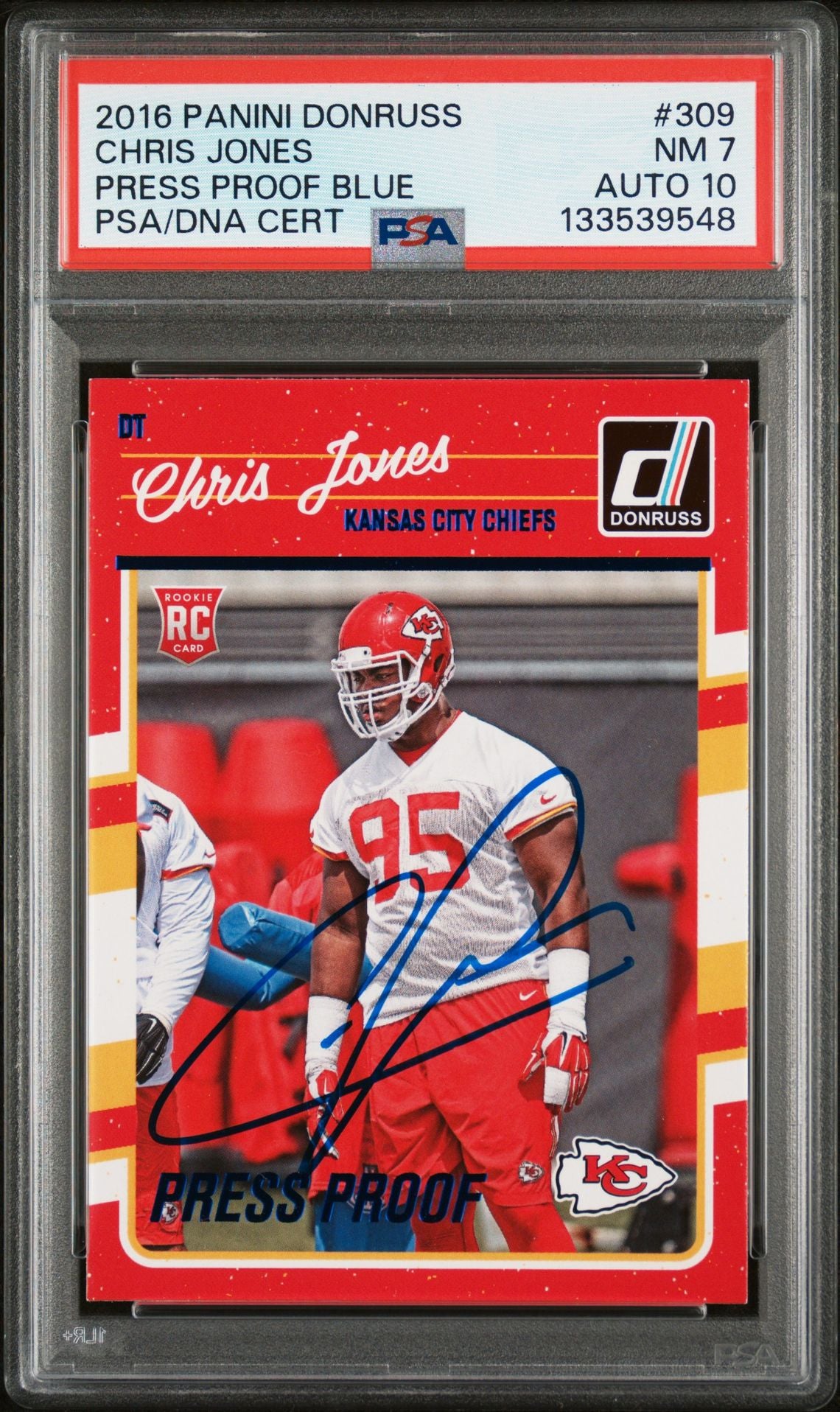 Chris Jones 2016 Panini Donruss Press Proof Blue Signed Football Rookie Card #309 Graded PSA 7 Auto 10 Cert #133539548-Powers Sports Memorabilia