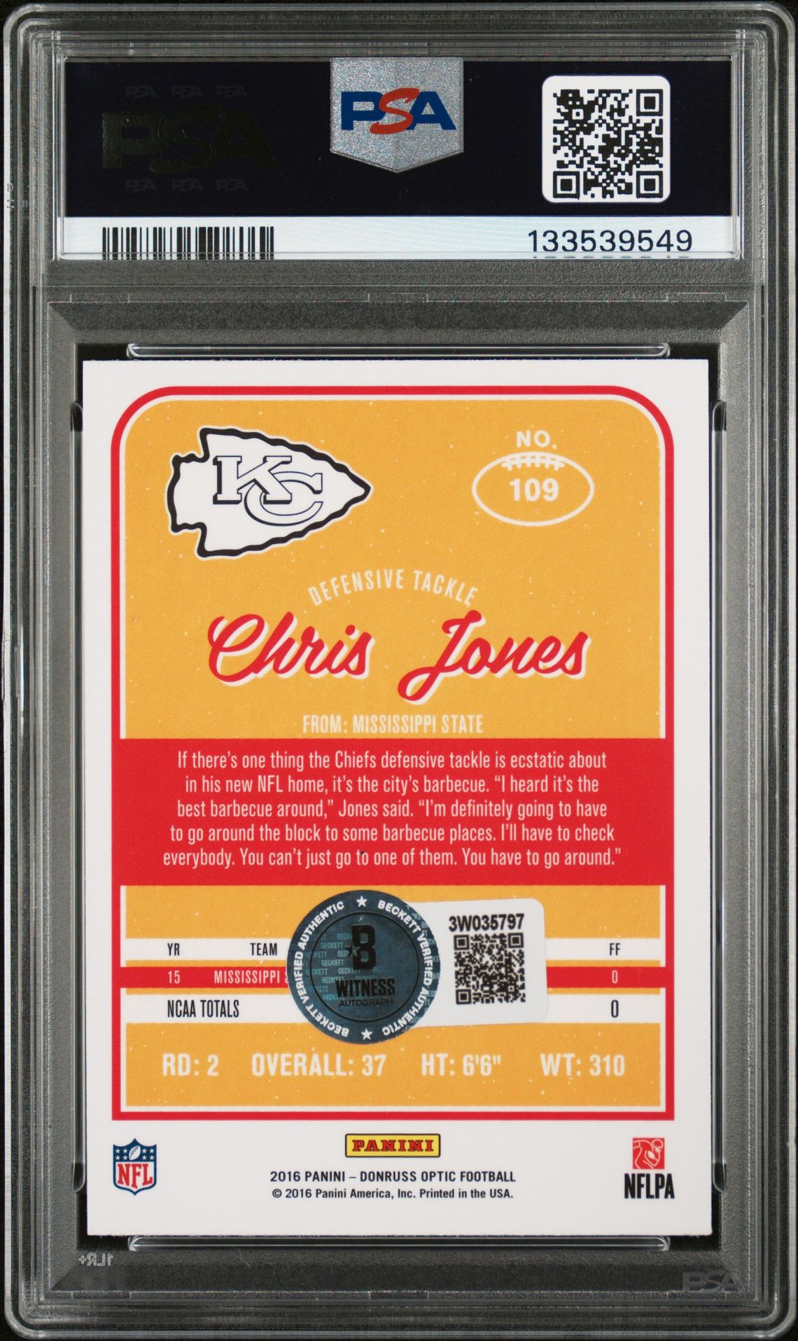 Chris Jones 2016 Panini Donruss Optic Holo Signed Football Rookie Card #109 Graded PSA 9 Auto 7 Cert #133539549-Powers Sports Memorabilia