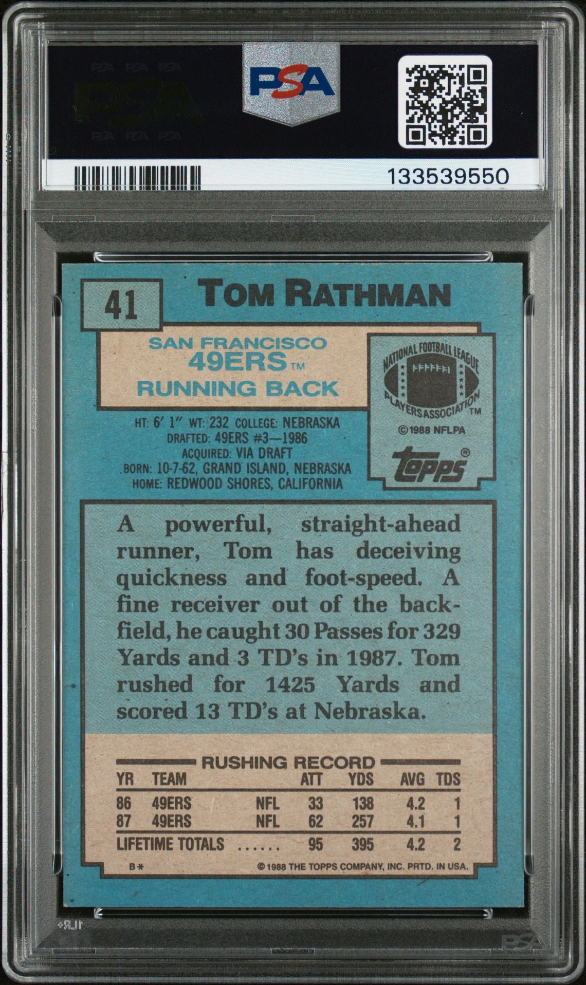 Tom Rathman 1988 Topps Signed Football Rookie Card #41 Graded PSA 7 Auto 10 Cert #133539550-Powers Sports Memorabilia