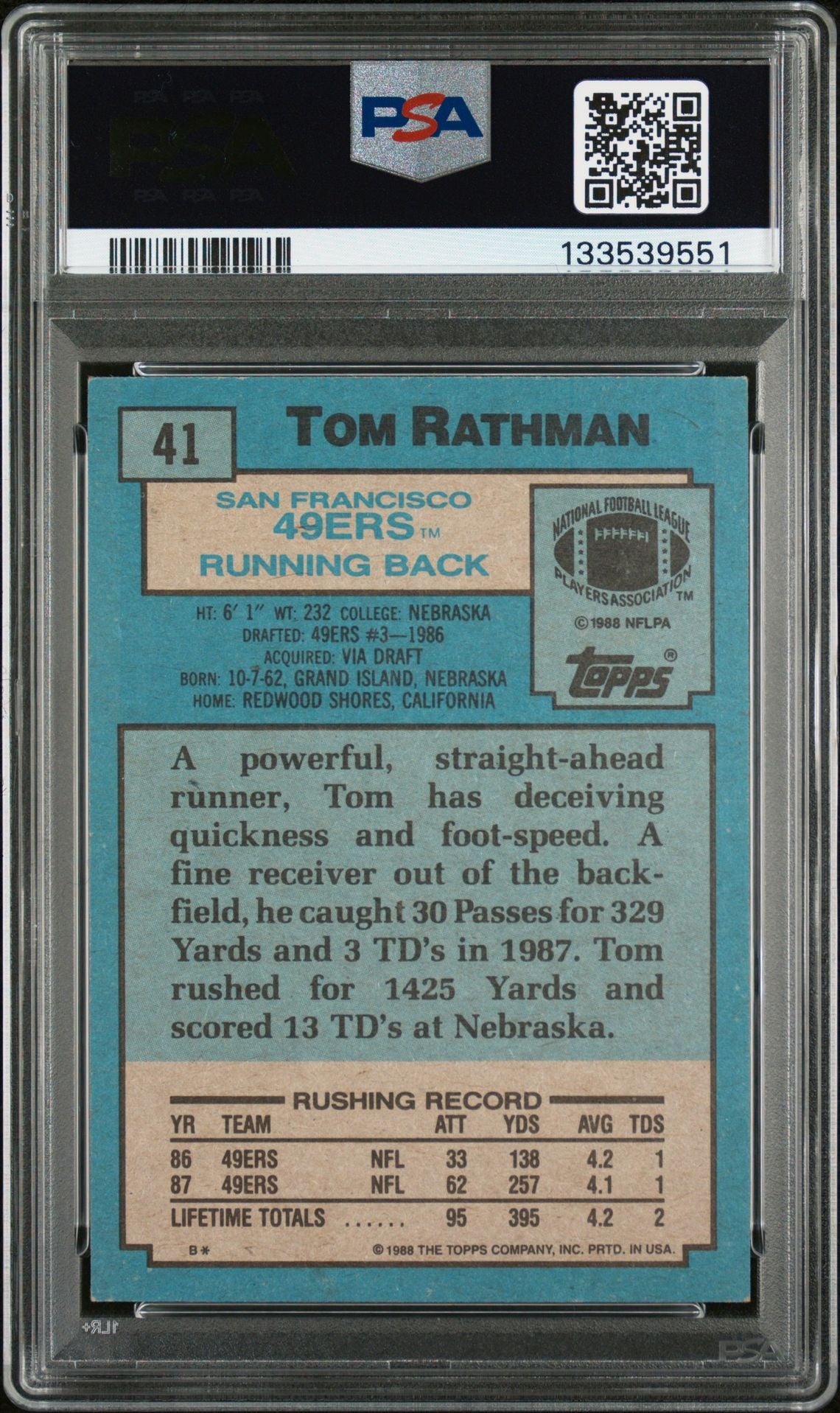 Tom Rathman 1988 Topps Signed Football Rookie Card #41 Graded PSA 6 Auto 10 Cert #133539551-Powers Sports Memorabilia