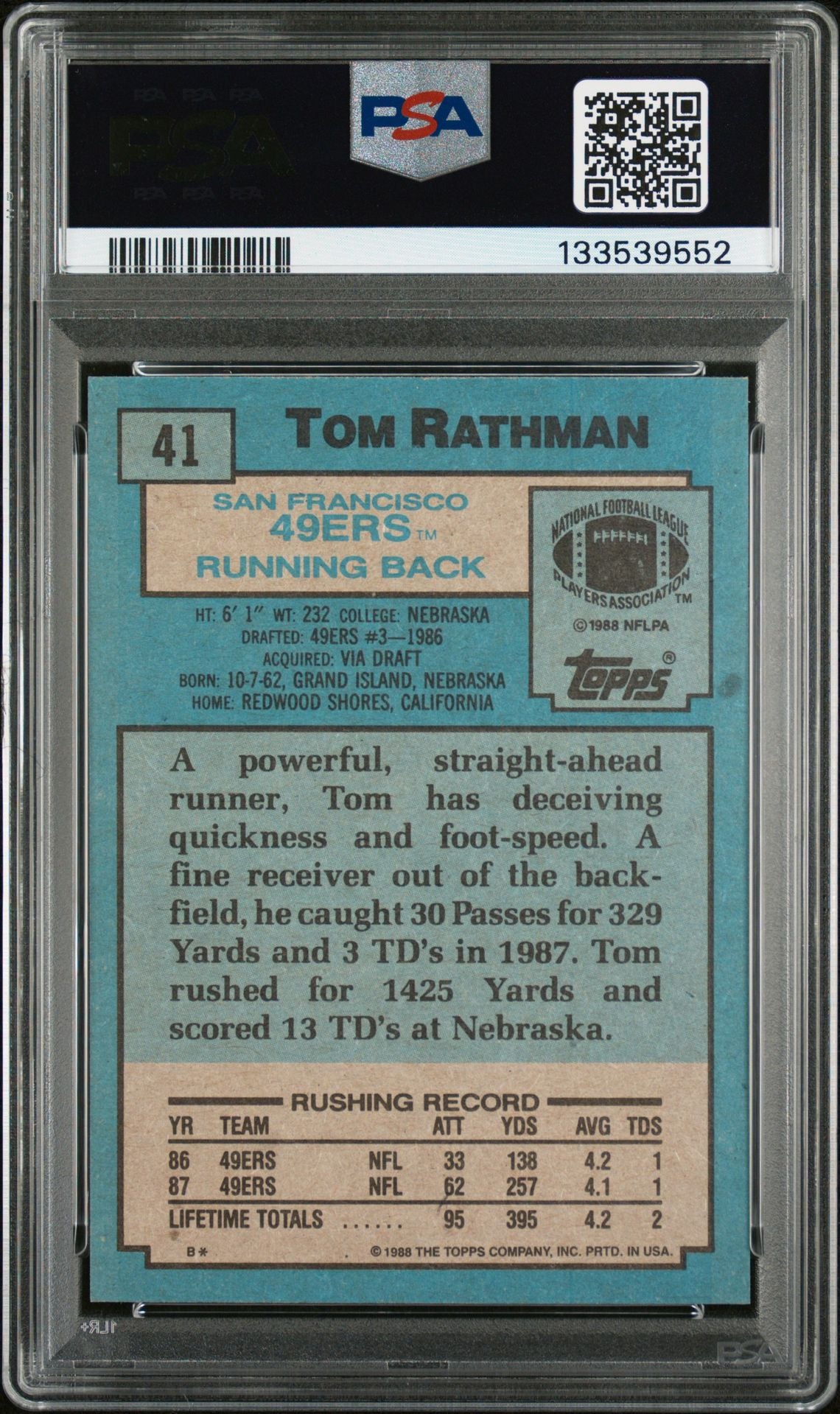 Tom Rathman 1988 Topps Signed Football Rookie Card #41 Graded PSA 8 Auto 10 Cert #133539552-Powers Sports Memorabilia