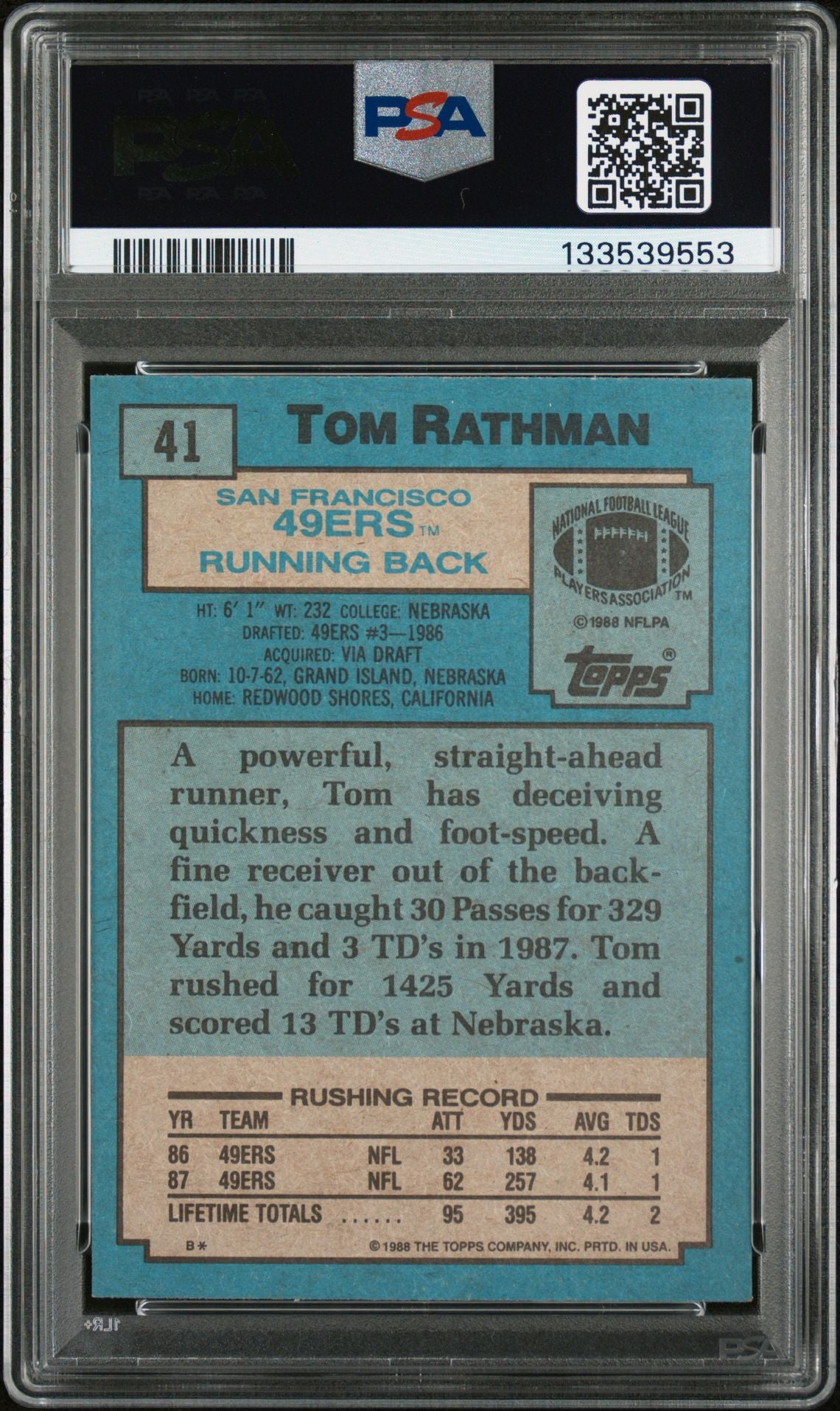 Tom Rathman 1988 Topps Signed Football Rookie Card #41 Graded PSA 7 Auto 10 Cert #133539553-Powers Sports Memorabilia