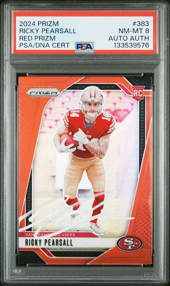Ricky Pearsall 2024 Panini Prizm Red Signed Football Rookie Card #383 Graded PSA 8 Auto Auth Cert #133539576-Powers Sports Memorabilia