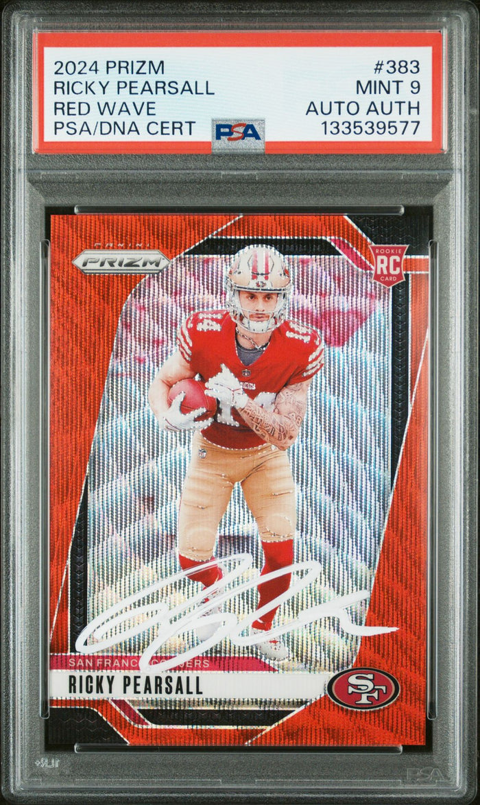 Ricky Pearsall 2024 Panini Prizm Red Wave Signed Football Rookie Card #383 Graded PSA 9 Auto Auth 6/149 Cert #133539577-Powers Sports Memorabilia