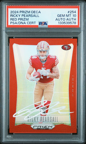 Ricky Pearsall 2024 Panini Prizm Deca Red Signed Football Rookie Card #254 Graded PSA 10 Auto Auth 53/199 Cert #133539578-Powers Sports Memorabilia