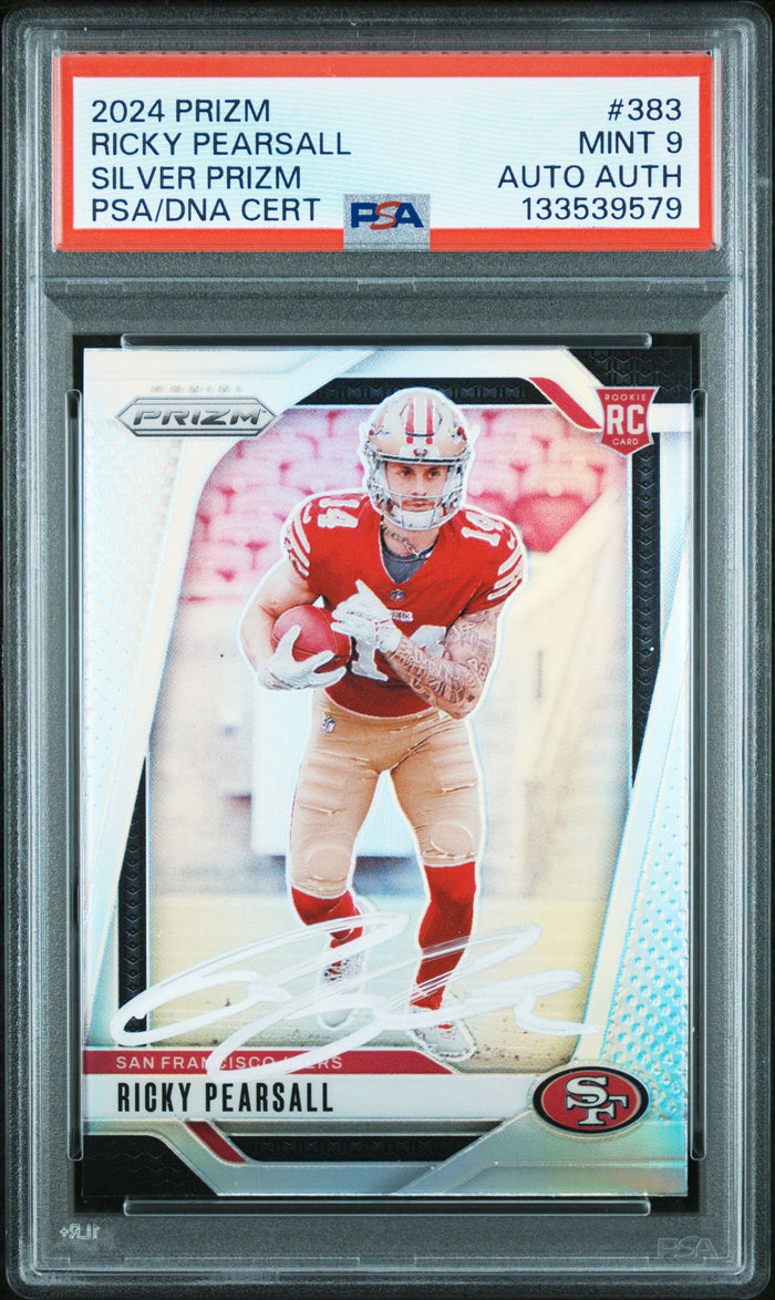 Ricky Pearsall 2024 Panini Prizm Silver Signed Football Rookie Card #383 Graded PSA 9 Auto Auth Cert #133539579-Powers Sports Memorabilia