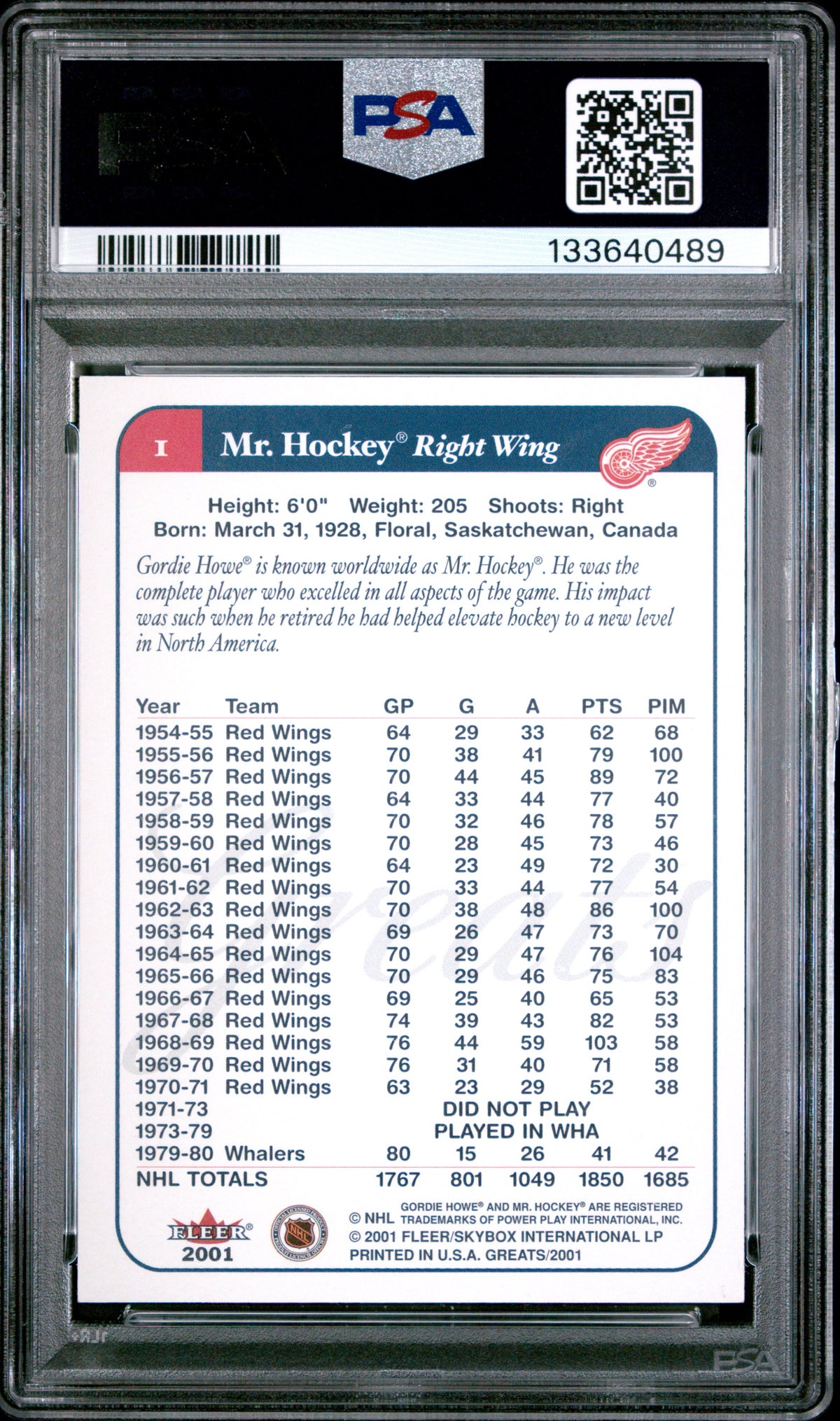 Gordie Howe 2001 Fleer Greats Hockey Card #1 Graded PSA 10 Cert #133640489-Powers Sports Memorabilia