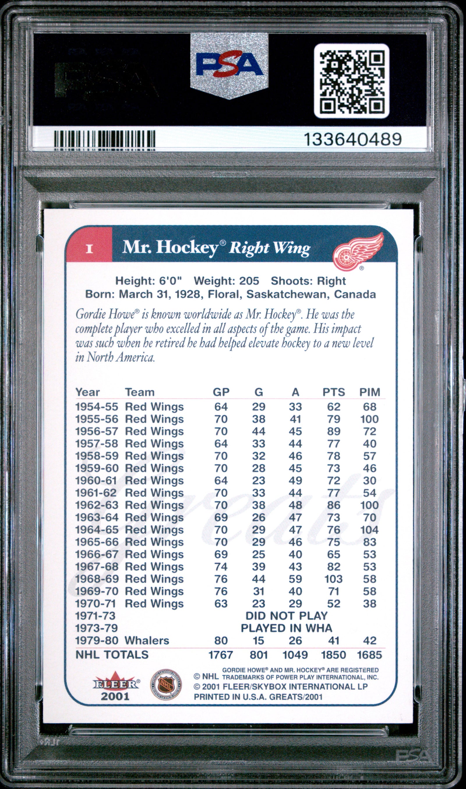 Gordie Howe 2001 Fleer Greats Hockey Card #1 Graded PSA 10 Cert #133640489-Powers Sports Memorabilia