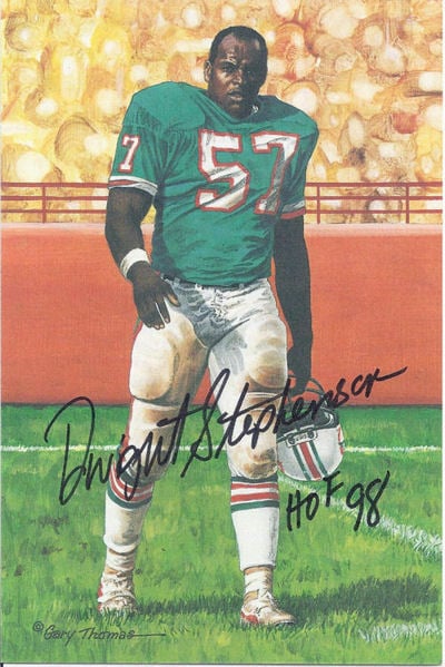 Dwight Stephenson Miami Dolphins Signed Goal Line Art Card in Black HOF 98-Powers Sports Memorabilia