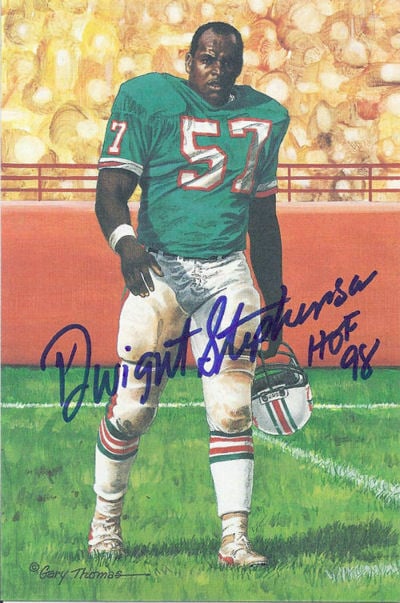 Dwight Stephenson Miami Dolphins Signed Goal Line Art Card in Blue with HOF 98-Powers Sports Memorabilia
