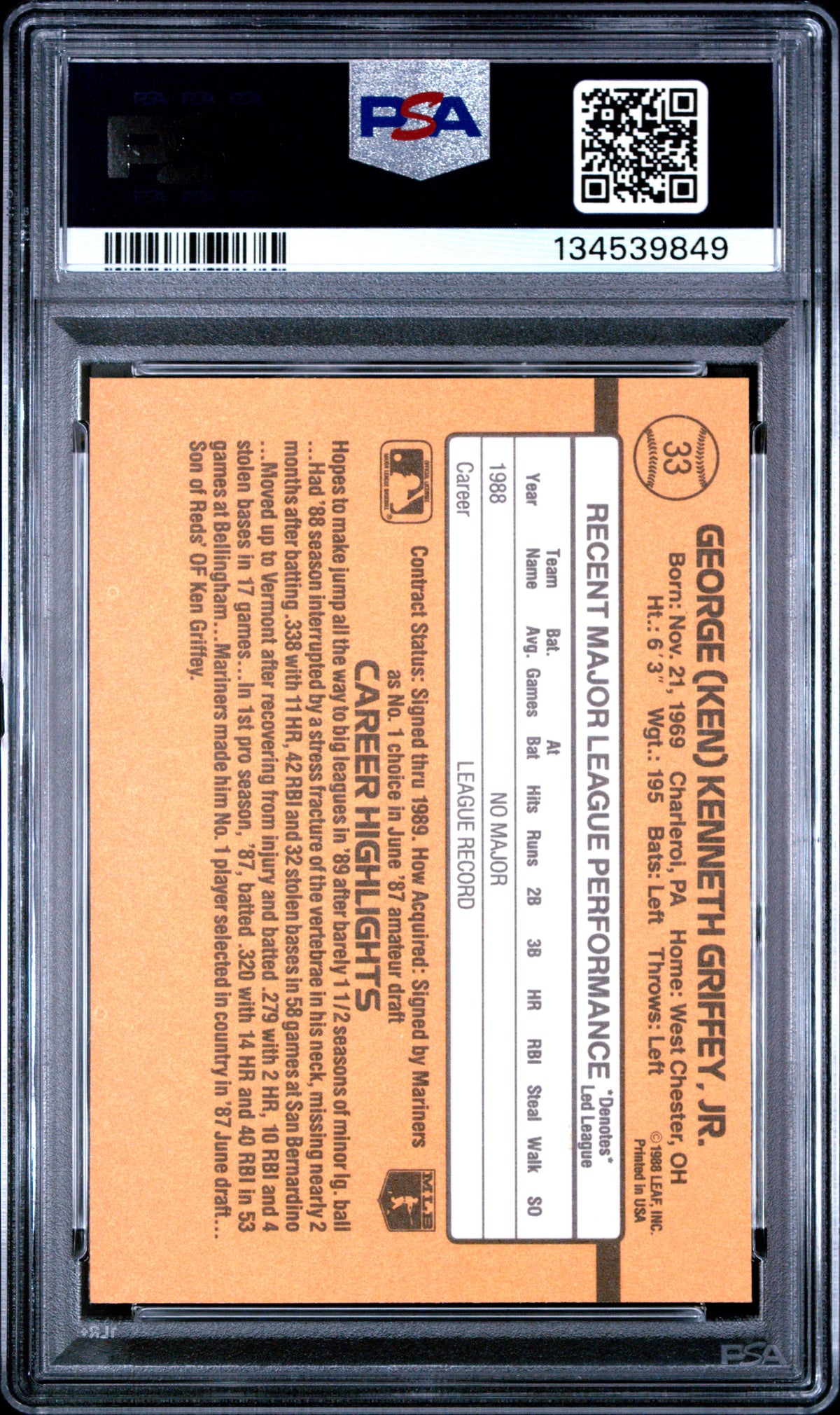 Ken Griffey Jr. 1989 Donruss Rated Rookie Seattle Mariners Baseball RC Rookie Card #33 Graded PSA 8 Cert #134539849-Powers Sports Memorabilia