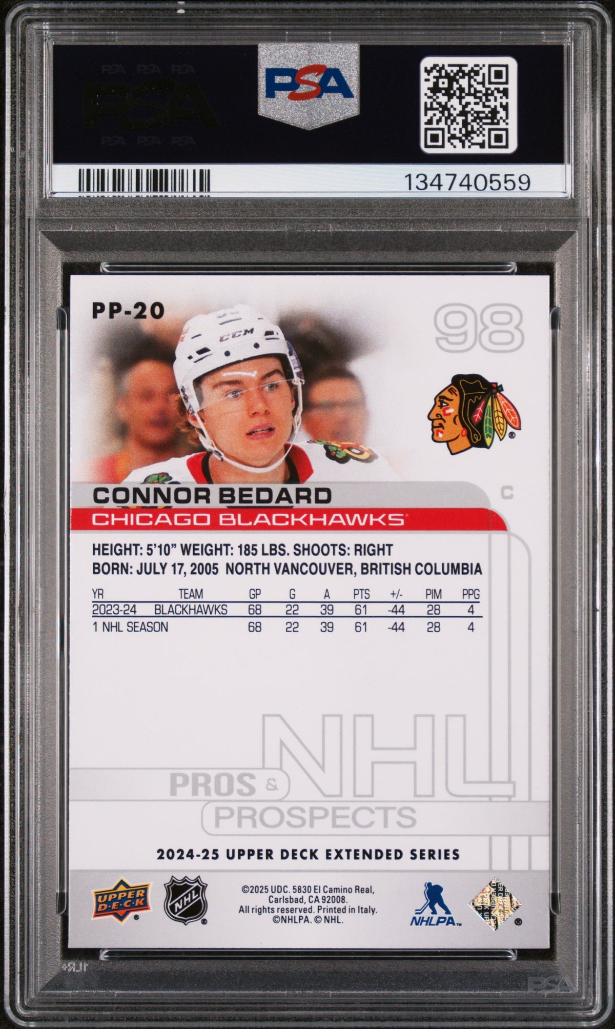 Connor Bedard 2024 Upper Deck Pros &amp; Prospects Hockey Card #PP20 Graded PSA 10 Cert #134740559-Powers Sports Memorabilia