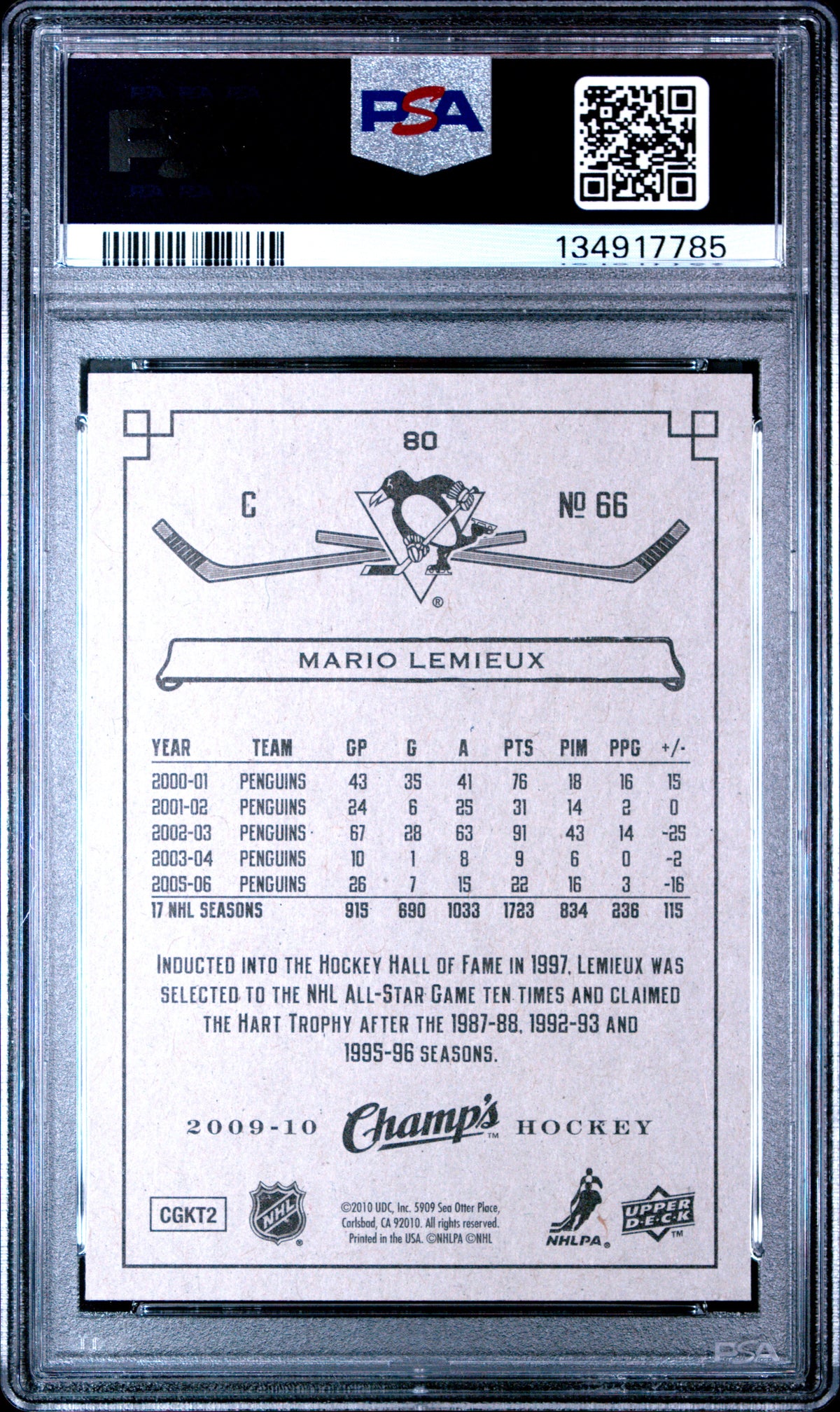 Mario Lemieux 2009 Upper Deck Champs Hockey Card #80 Graded PSA 10 Cert #134917785-Powers Sports Memorabilia