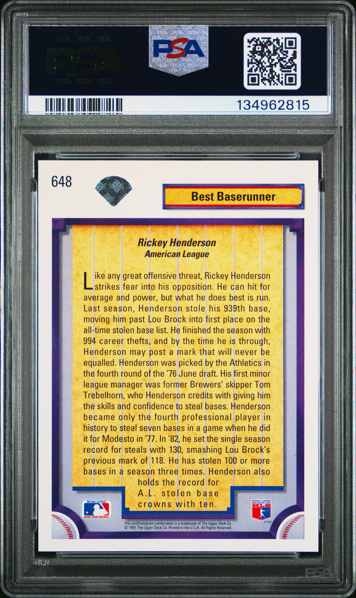 Rickey Henderson 1992 Upper Deck Athletics Card #648 PSA 10