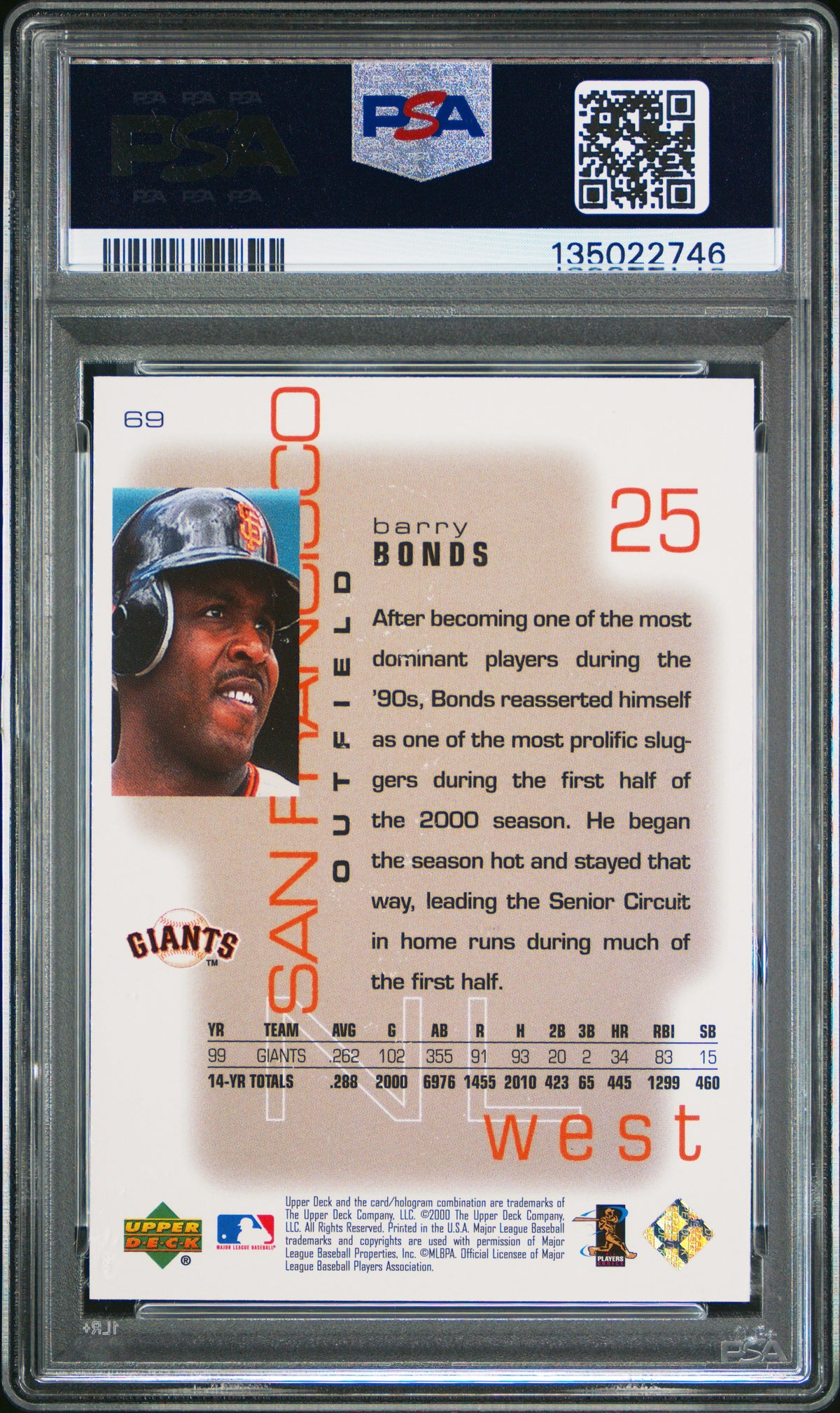 Barry Bonds 2000 Upper Deck Pros & Prospects Card #69 PSA 10