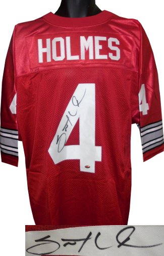 Santonio Holmes Autographed Red Custom Stitched Football Jersey (Autographed up 4) XL- Holmes Hologram-Powers Sports Memorabilia