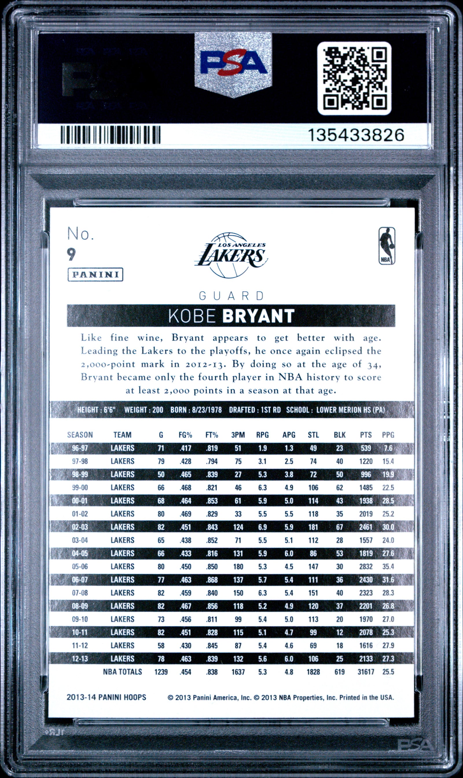 Kobe Bryant 2013 Panini Hoops Basketball Card #9 Graded PSA 10 Cert #135433826-Powers Sports Memorabilia