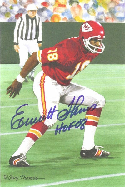 Emmitt Thomas Kansas City Chiefs Signed Goal Line Art Card blue with HOF 08-Powers Sports Memorabilia
