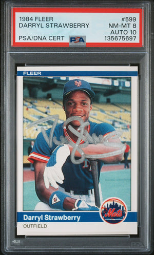 Darryl Strawberry 1984 Fleer Signed Baseball Rookie Card #599 Graded PSA 8 Auto 10 Cert #135675697-Powers Sports Memorabilia