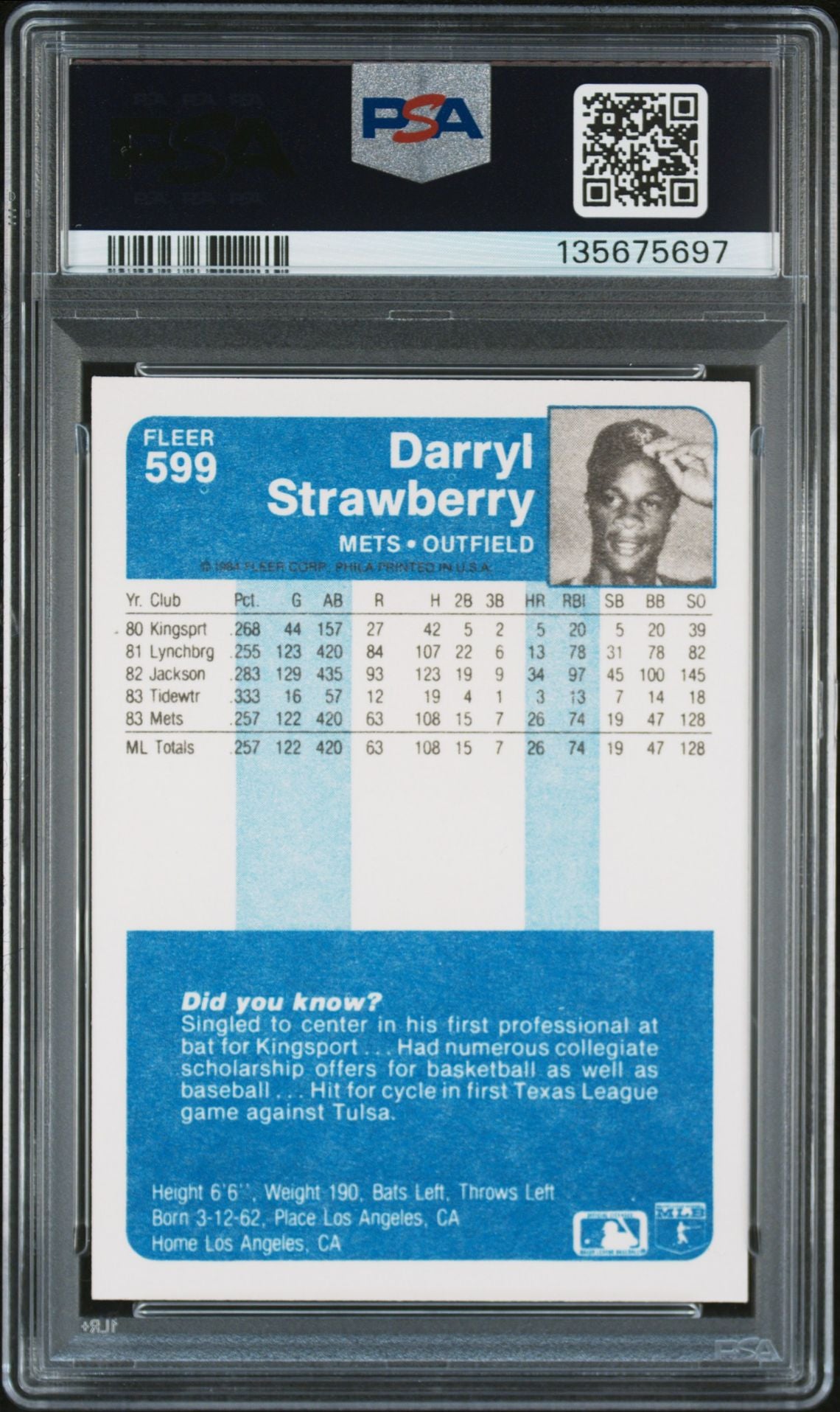 Darryl Strawberry 1984 Fleer Signed Baseball Rookie Card #599 Graded PSA 8 Auto 10 Cert #135675697-Powers Sports Memorabilia
