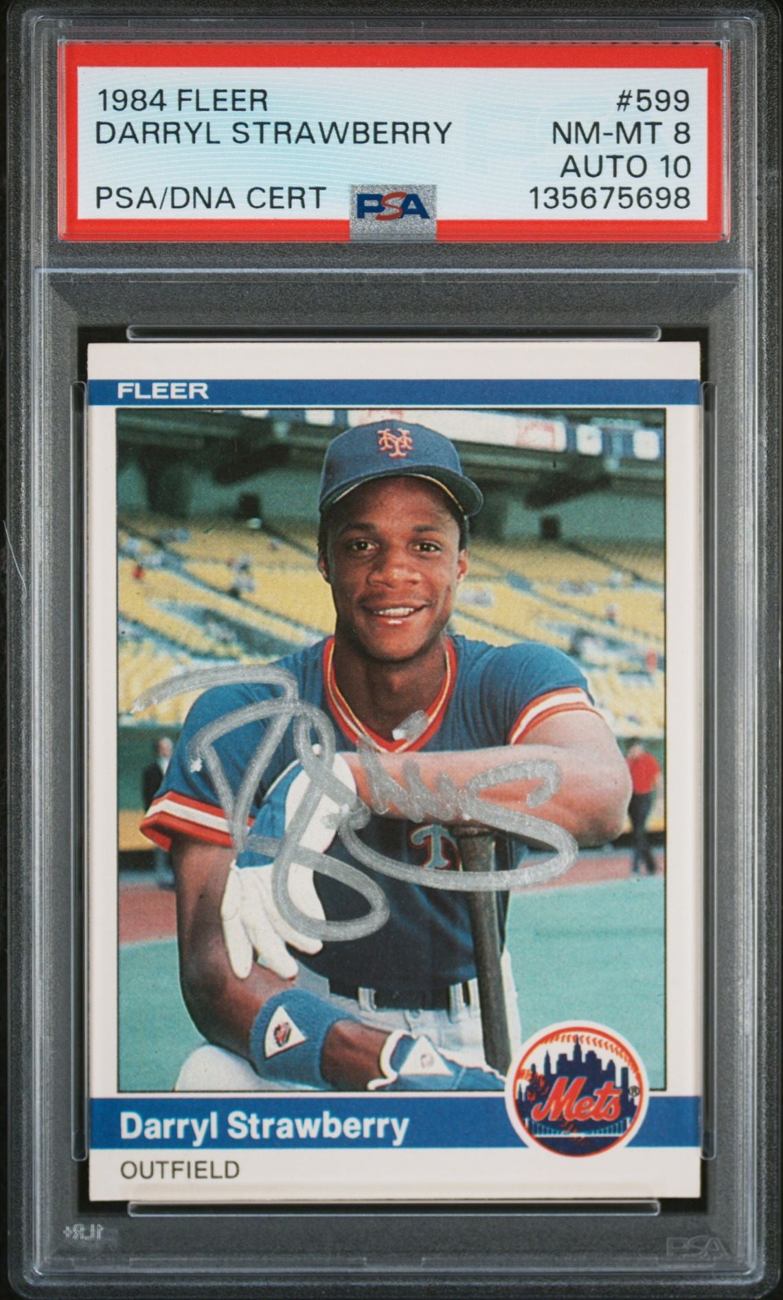 Darryl Strawberry 1984 Fleer Signed Baseball Rookie Card #599 Graded PSA 8 Auto 10 Cert #135675698-Powers Sports Memorabilia