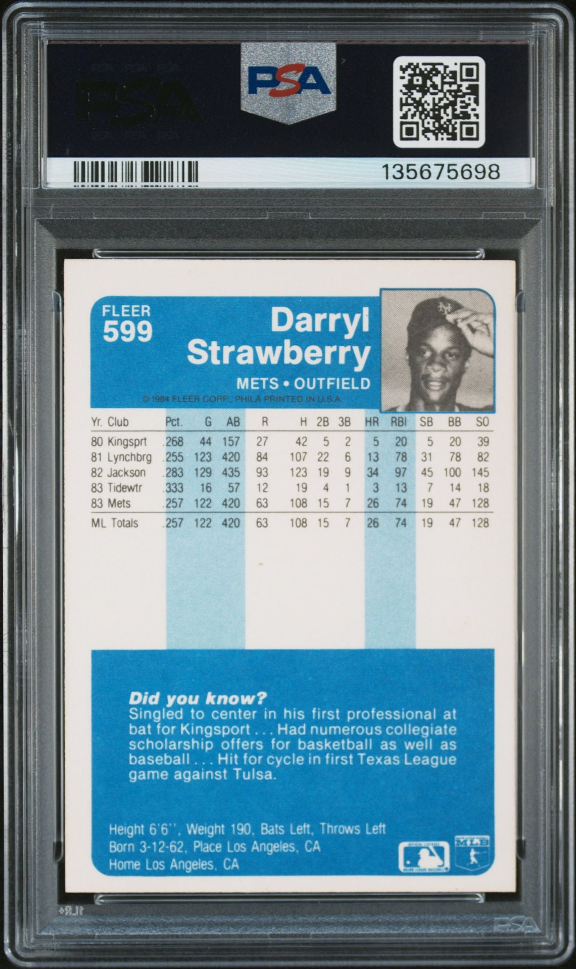 Darryl Strawberry 1984 Fleer Signed Baseball Rookie Card #599 Graded PSA 8 Auto 10 Cert #135675698-Powers Sports Memorabilia