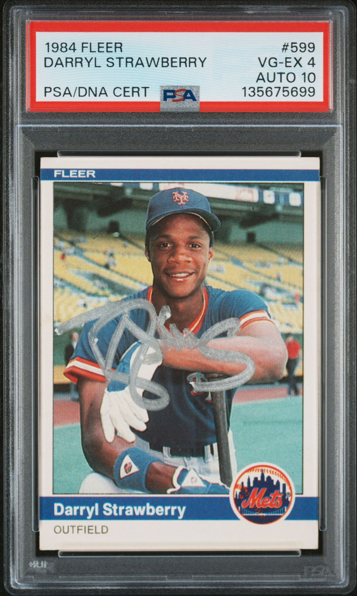 Darryl Strawberry 1984 Fleer Signed Baseball Rookie Card #599 Graded PSA 4 Auto 10 Cert #135675699-Powers Sports Memorabilia
