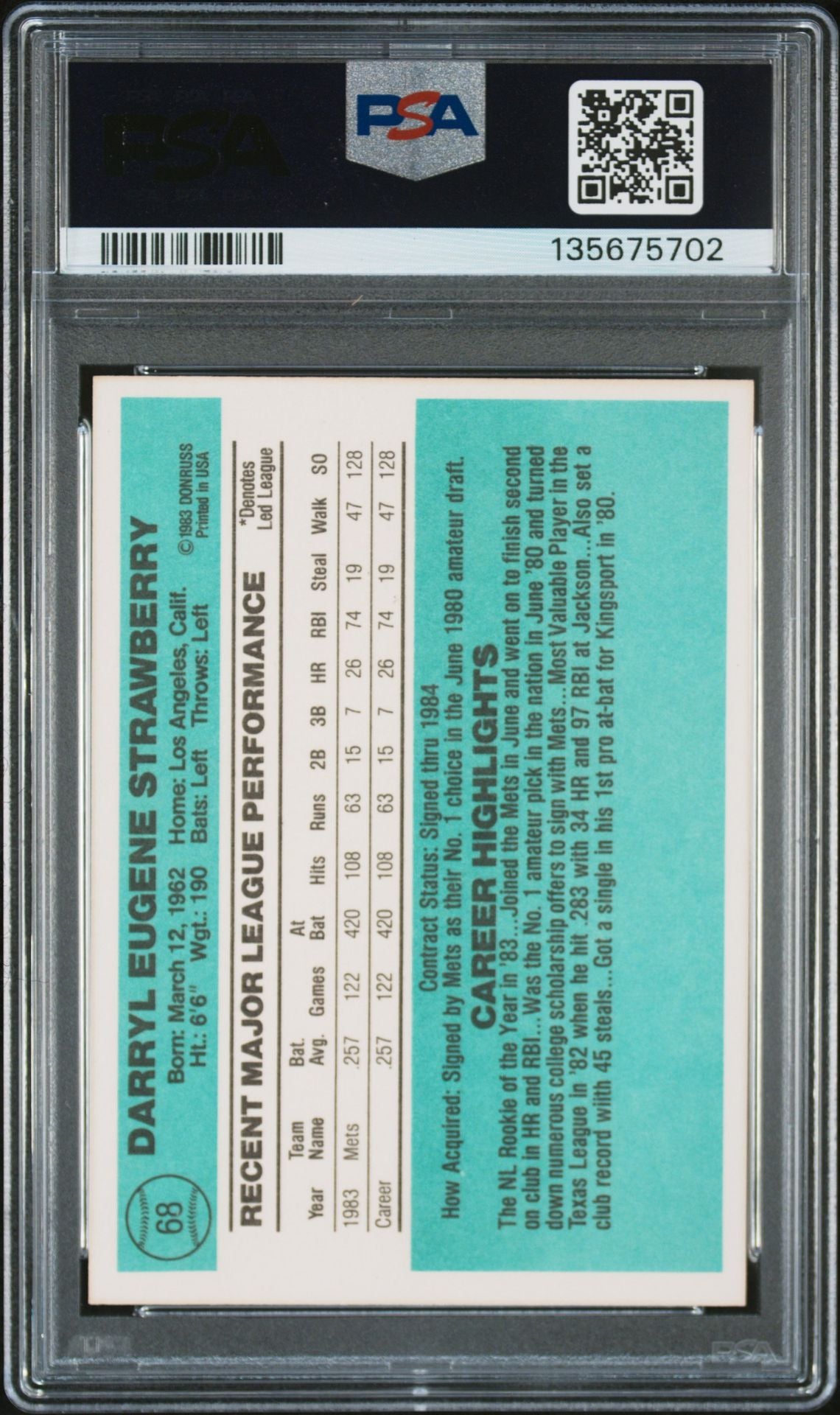 Darryl Strawberry 1984 Donruss Signed Baseball Rookie Card #68 Graded PSA 8 Auto 10 Cert #135675702-Powers Sports Memorabilia