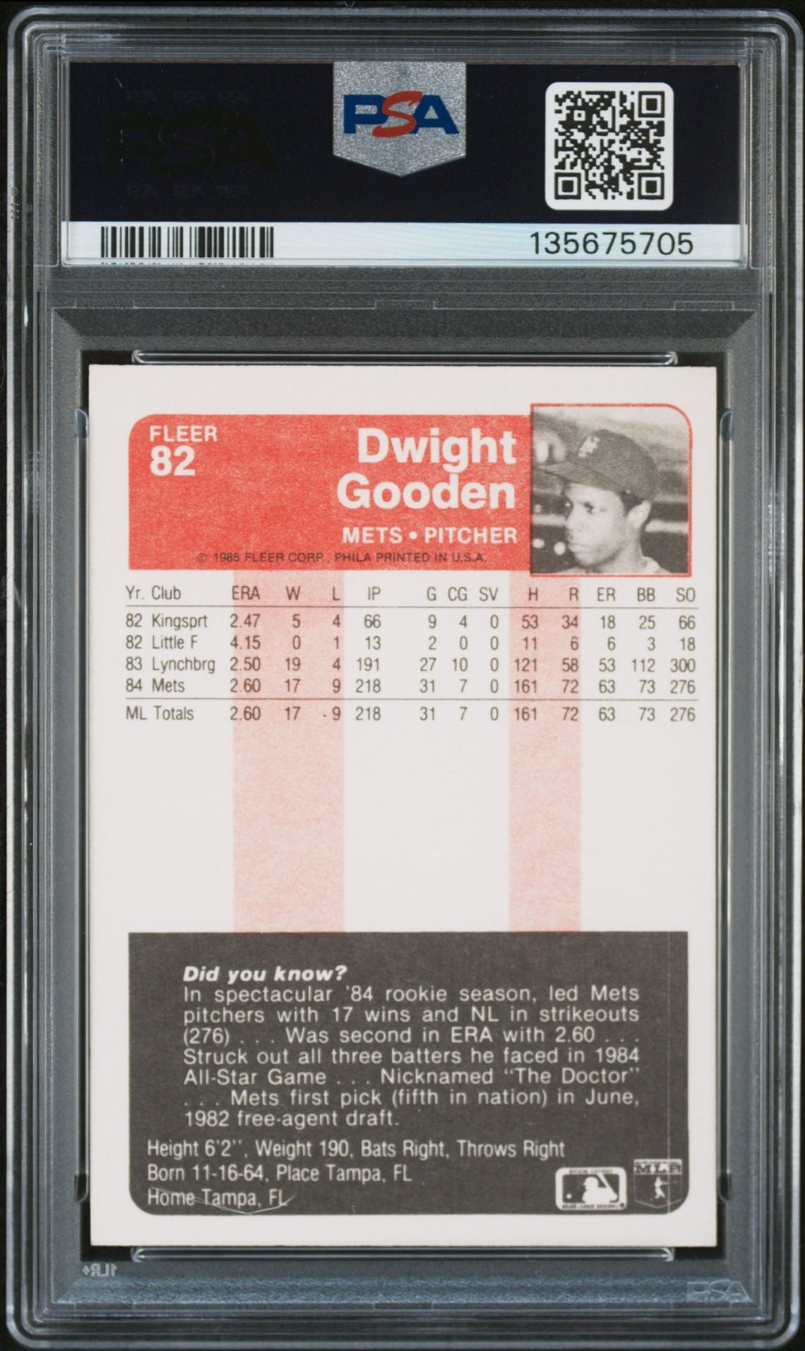 Dwight Gooden 1985 Fleer Signed Baseball Rookie Card #82 Graded PSA 9 Auto 9 Cert #135675705-Powers Sports Memorabilia