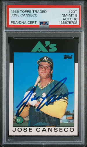 Jose Canseco 1986 Topps Traded Signed Baseball Rookie Card #20T Graded PSA 8 Auto 10 Cert #135675708-Powers Sports Memorabilia