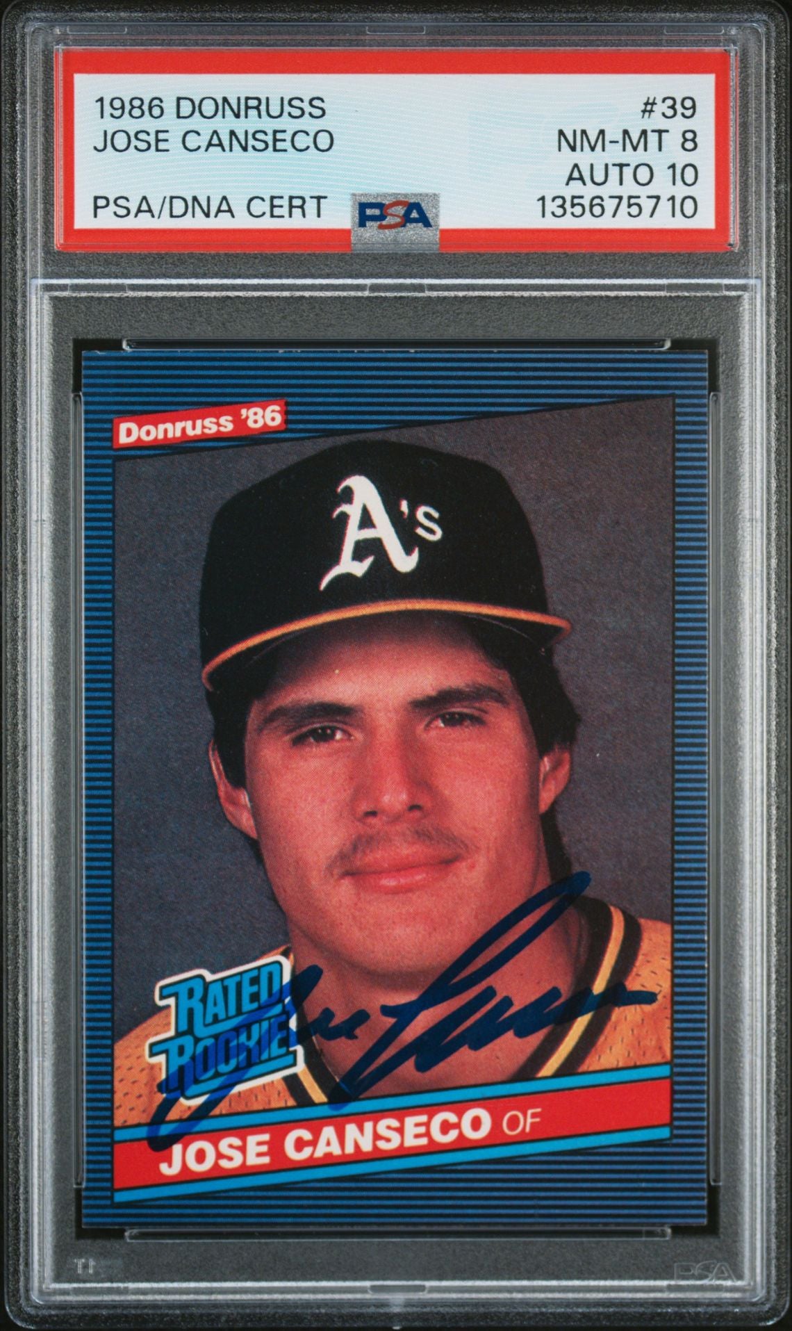 Jose Canseco 1986 Donruss Signed Baseball Rookie Card #39 Graded PSA 8 Auto 10 Cert #135675710-Powers Sports Memorabilia