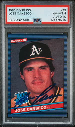 Jose Canseco 1986 Donruss Signed Baseball Rookie Card #39 Graded PSA 8 Auto 10 Cert #135675710-Powers Sports Memorabilia