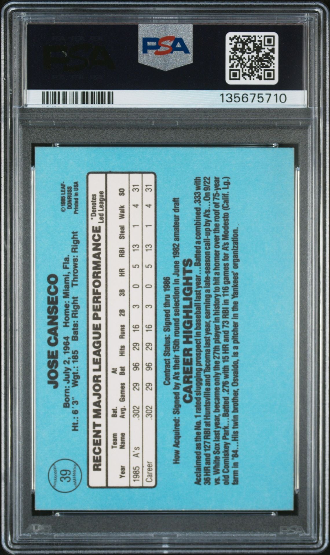 Jose Canseco 1986 Donruss Signed Baseball Rookie Card #39 Graded PSA 8 Auto 10 Cert #135675710-Powers Sports Memorabilia