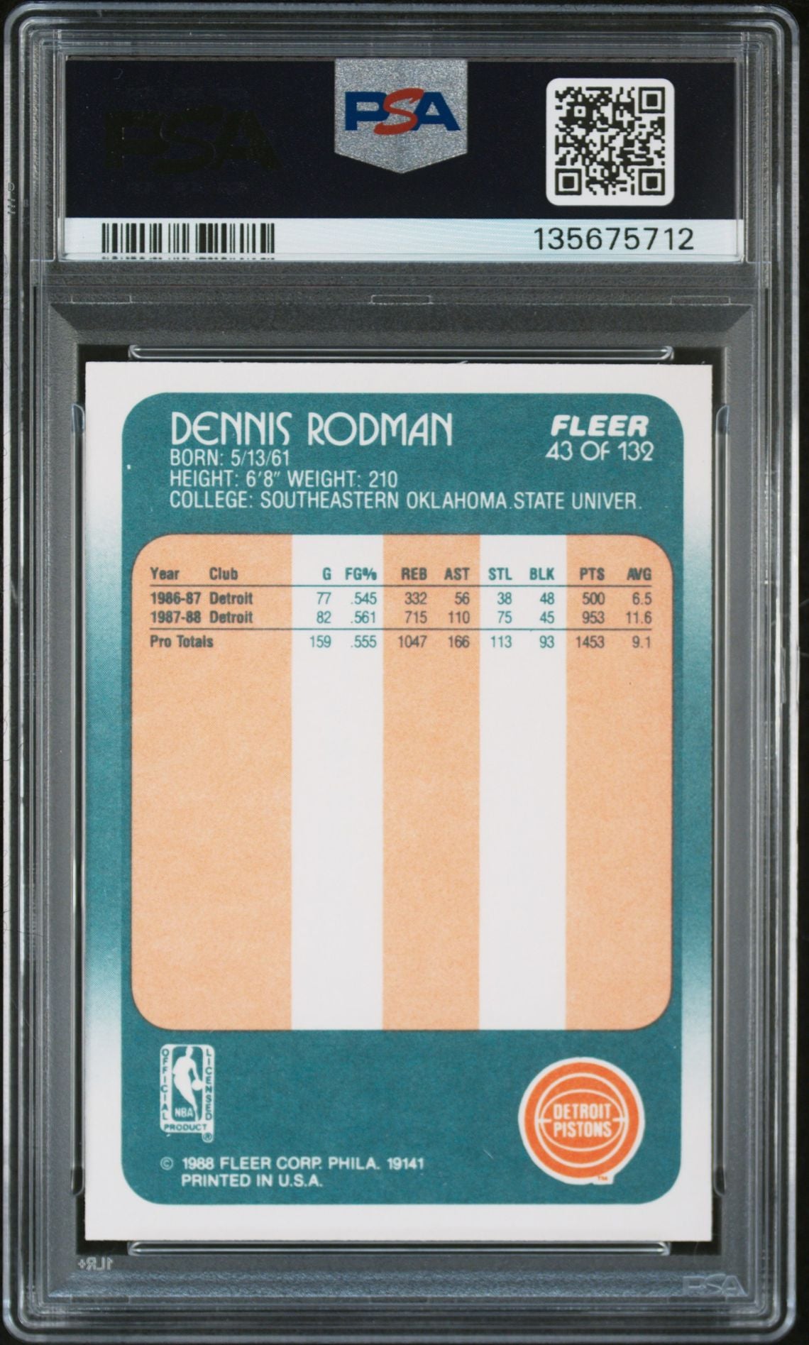 Dennis Rodman 1988 Fleer Signed Basketball Rookie Card #43 Graded PSA 8 Auto 10 Cert #135675712-Powers Sports Memorabilia