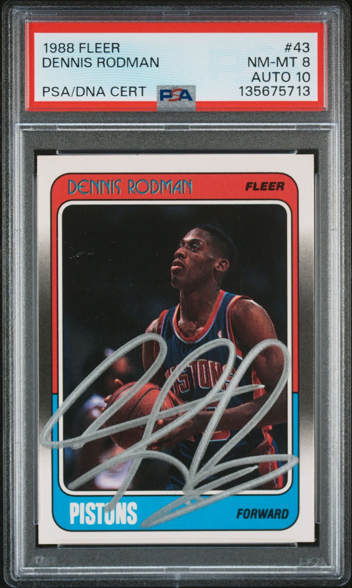 Dennis Rodman 1988 Fleer Signed Basketball Rookie Card #43 Graded PSA 8 Auto 10 Cert #135675713-Powers Sports Memorabilia