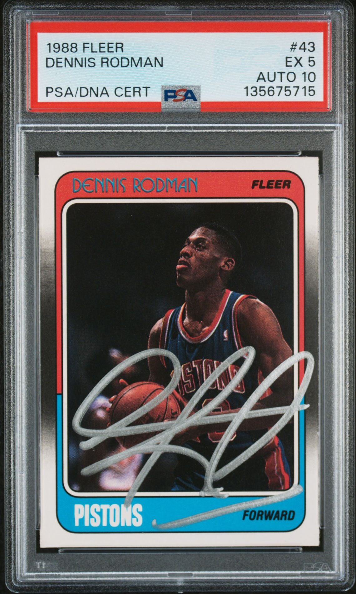 Dennis Rodman 1988 Fleer Signed Basketball Rookie Card #43 Graded PSA 5 Auto 10 Cert #135675715-Powers Sports Memorabilia