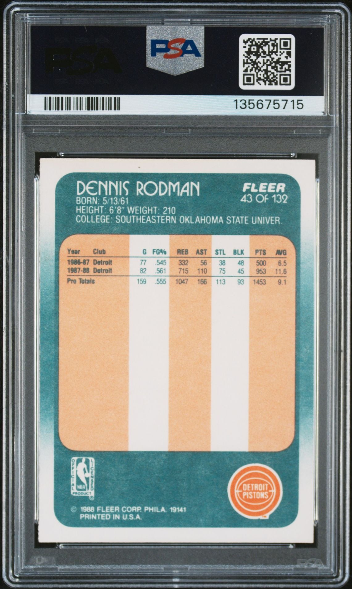Dennis Rodman 1988 Fleer Signed Basketball Rookie Card #43 Graded PSA 5 Auto 10 Cert #135675715-Powers Sports Memorabilia
