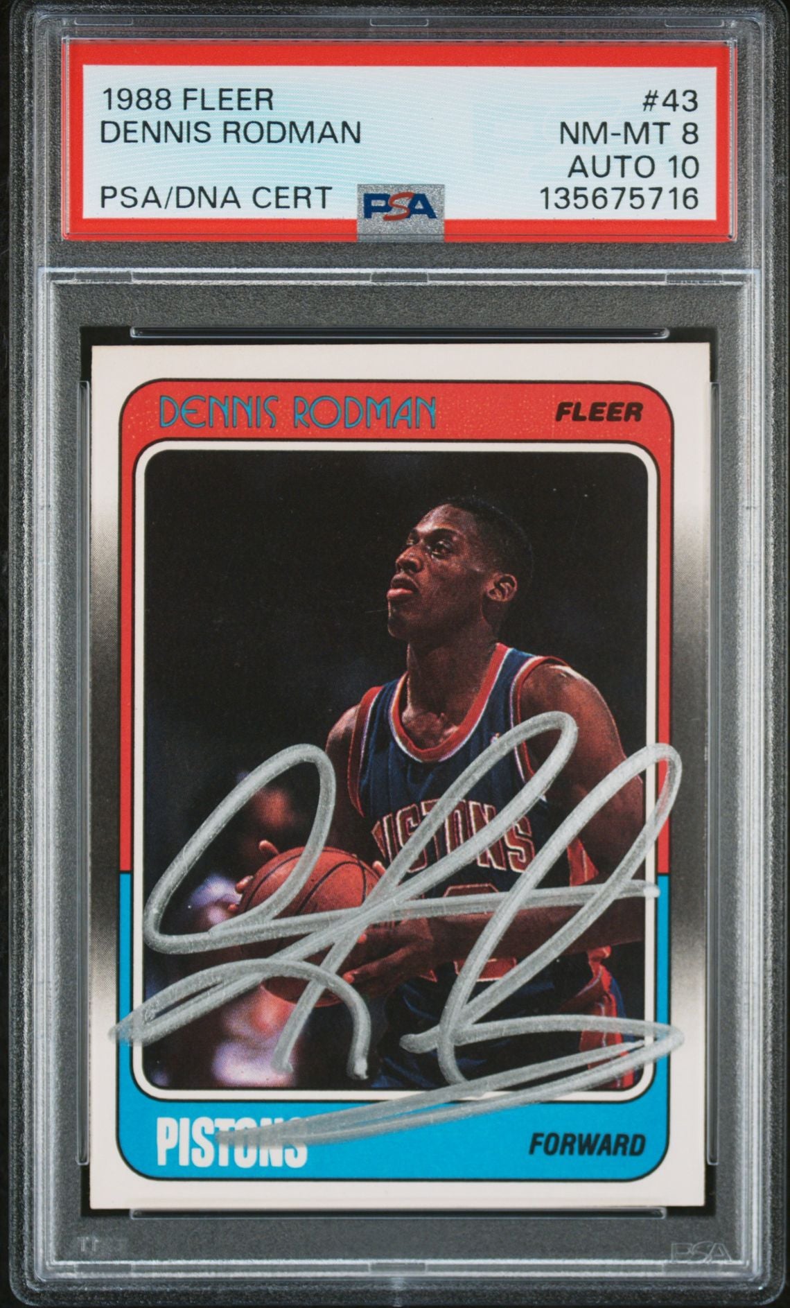 Dennis Rodman 1988 Fleer Signed Basketball Rookie Card #43 Graded PSA 8 Auto 10 Cert #135675716-Powers Sports Memorabilia
