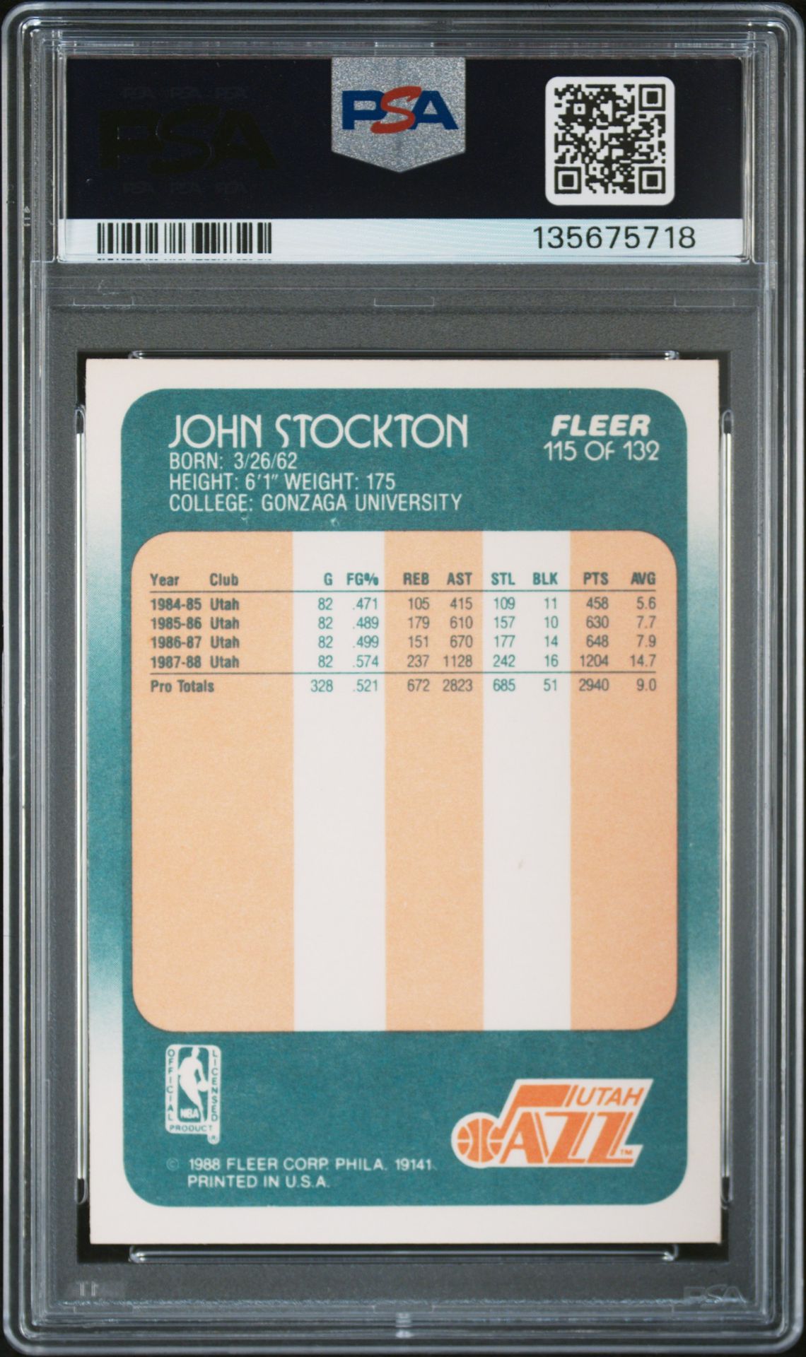 John Stockton 1988 Fleer Signed Basketball Rookie Card #115 Graded PSA 8 Auto 10 Cert #135675718-Powers Sports Memorabilia