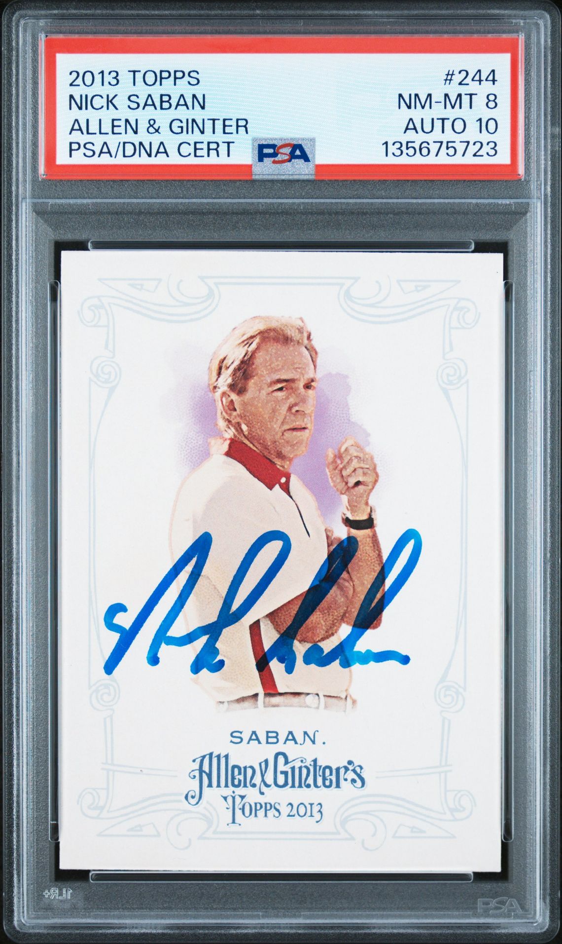 Nick Saban 2013 Topps Allen and Ginter Signed Football Card #244 Graded PSA 8 Auto 10 Cert #135675723-Powers Sports Memorabilia