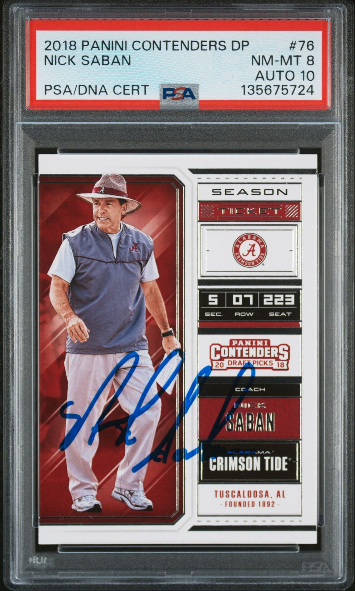Nick Saban 2018 Panini Contenders Draft Picks Signed Football Card #76 Graded PSA 8 Auto 10 Cert #135675724-Powers Sports Memorabilia