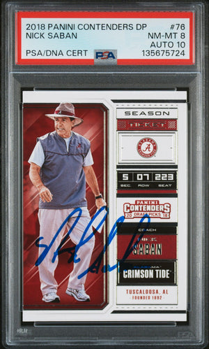 Nick Saban 2018 Panini Contenders Draft Picks Signed Football Card #76 Graded PSA 8 Auto 10 Cert #135675724-Powers Sports Memorabilia
