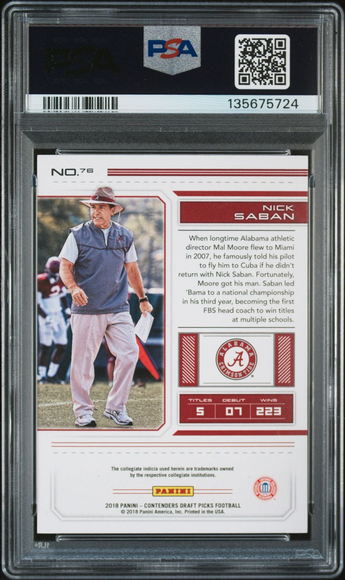 Nick Saban 2018 Panini Contenders Draft Picks Signed Football Card #76 Graded PSA 8 Auto 10 Cert #135675724-Powers Sports Memorabilia