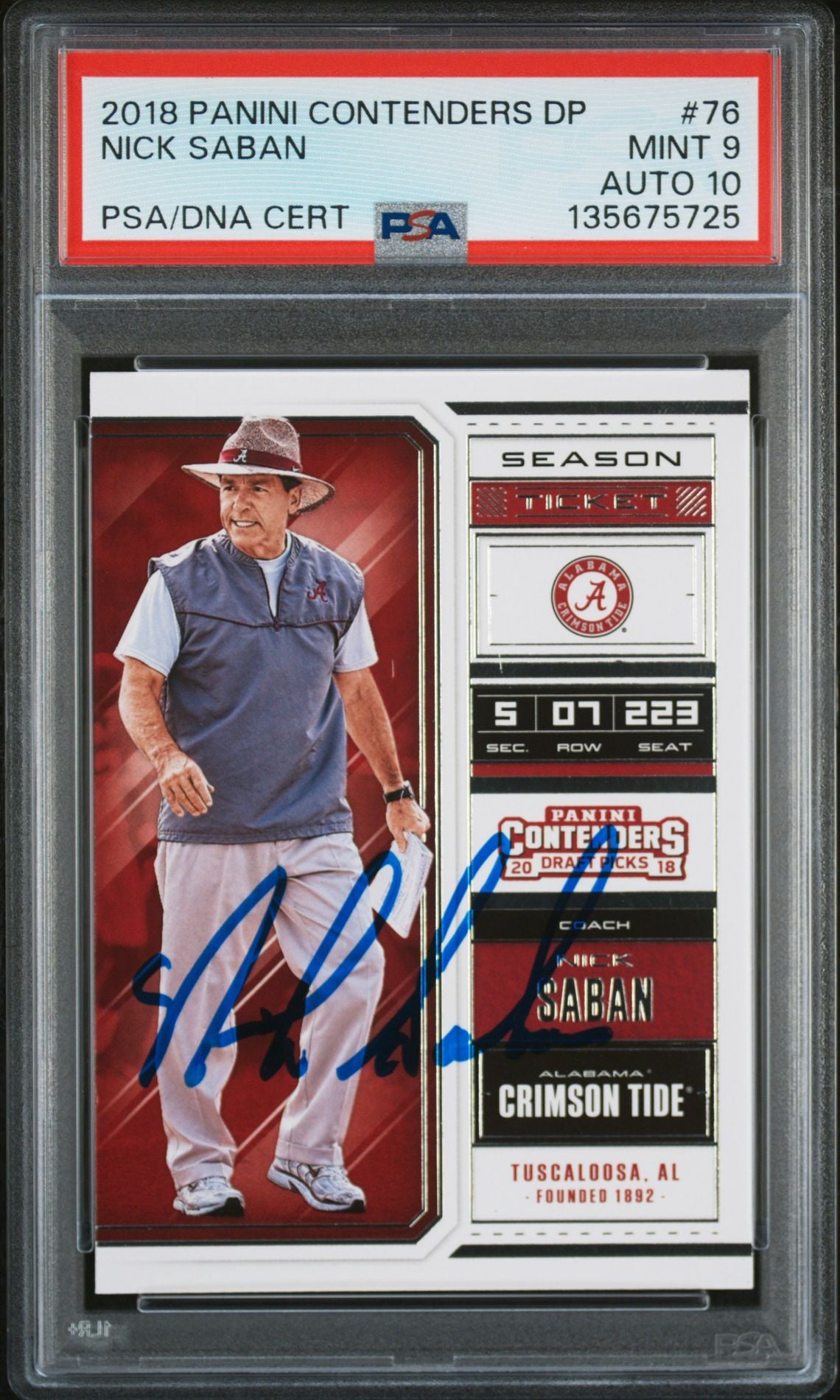 Nick Saban 2018 Panini Contenders Draft Picks Signed Football Card #76 Graded PSA 9 Auto 10 Cert #135675725-Powers Sports Memorabilia