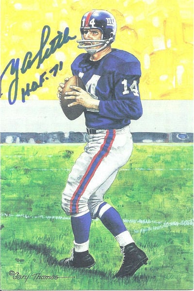 YA Tittle Signed New York Giants Goal Line Art Card blue w/HOF 71-Powers Sports Memorabilia
