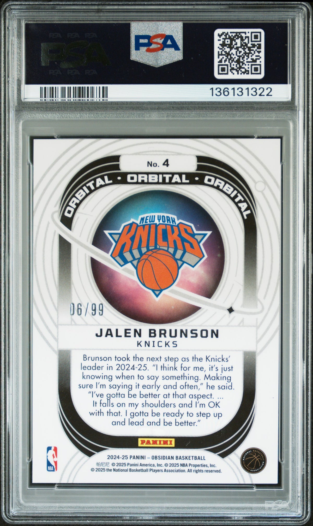 Jalen Brunson 2024 Panini Obsidian Orange Card #4 PSA 8 6/99