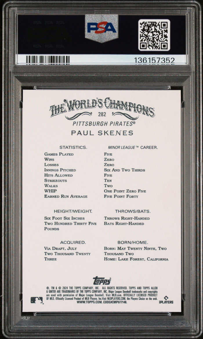 Paul Skenes 2024 Topps Allen & Ginter Baseball Rookie Card #282 Graded PSA 10 Cert #136157352-Powers Sports Memorabilia