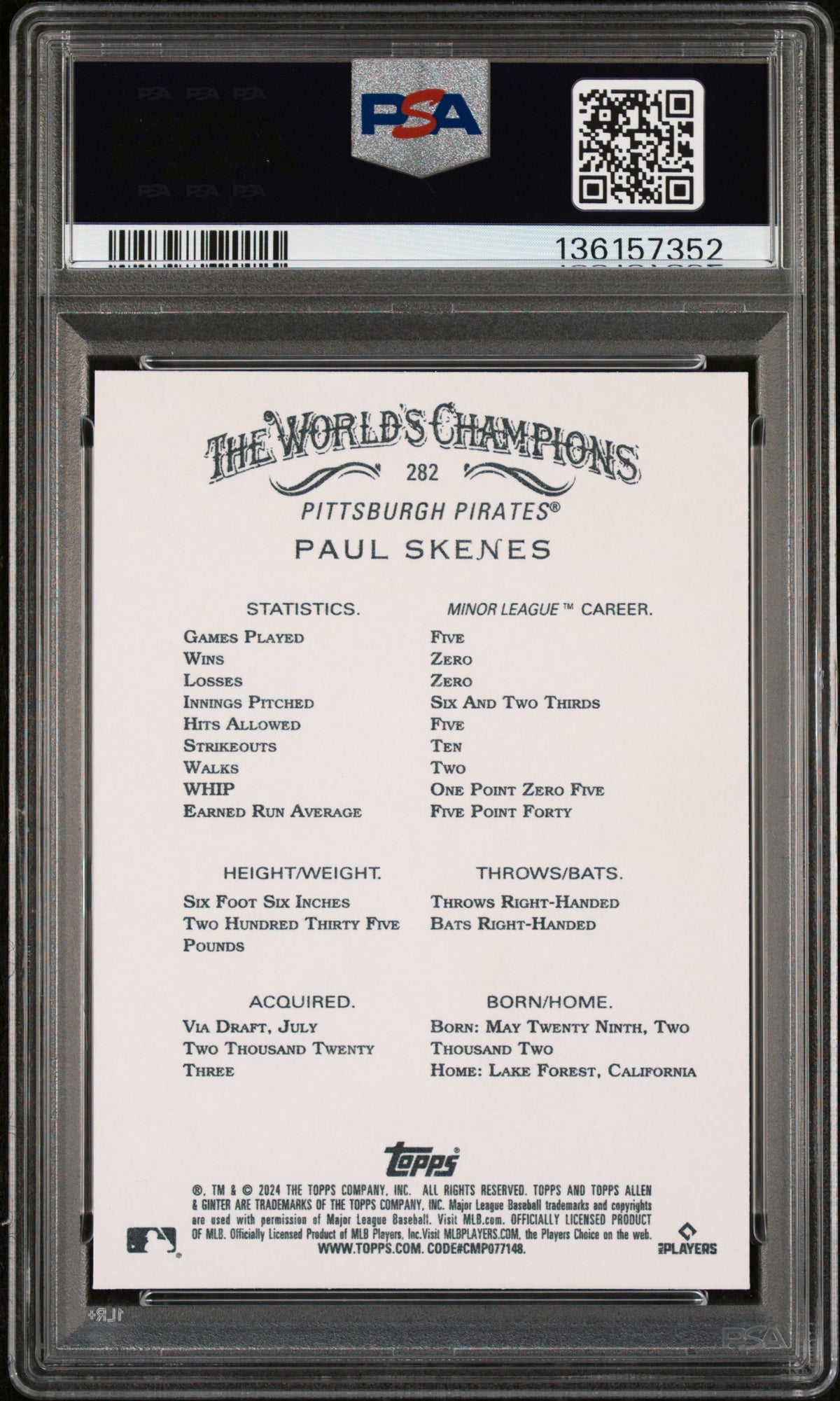 Paul Skenes 2024 Topps Allen & Ginter Baseball Rookie Card #282 Graded PSA 10 Cert #136157352-Powers Sports Memorabilia