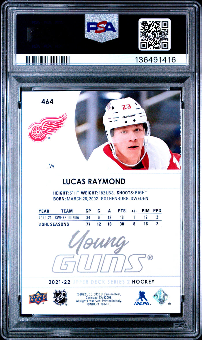 Lucas Raymond 2021 Upper Deck Young Guns Rookie Detroit Red Wings Hockey RC Card #464 Graded PSA 10 Cert #136491416-Powers Sports Memorabilia